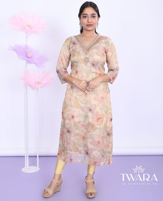 Twara gold floral printed & embroidered V-neck with 3/4th sleeve tissue straight-cut below-knee kurti