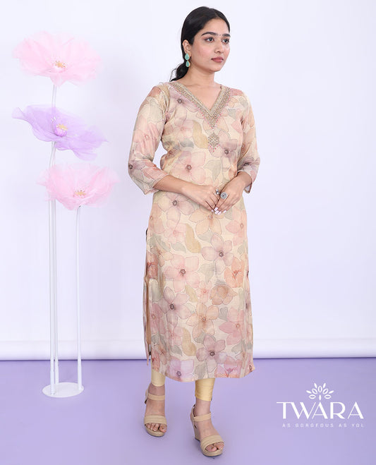 Twara gold floral printed & embroidered V-neck with 3/4th sleeve tissue straight-cut below-knee kurti