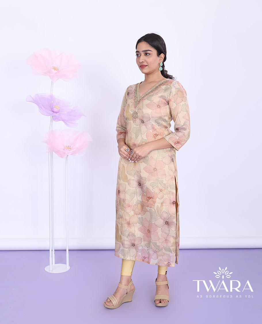 Twara gold floral printed & embroidered V-neck with 3/4th sleeve tissue straight-cut below-knee kurti