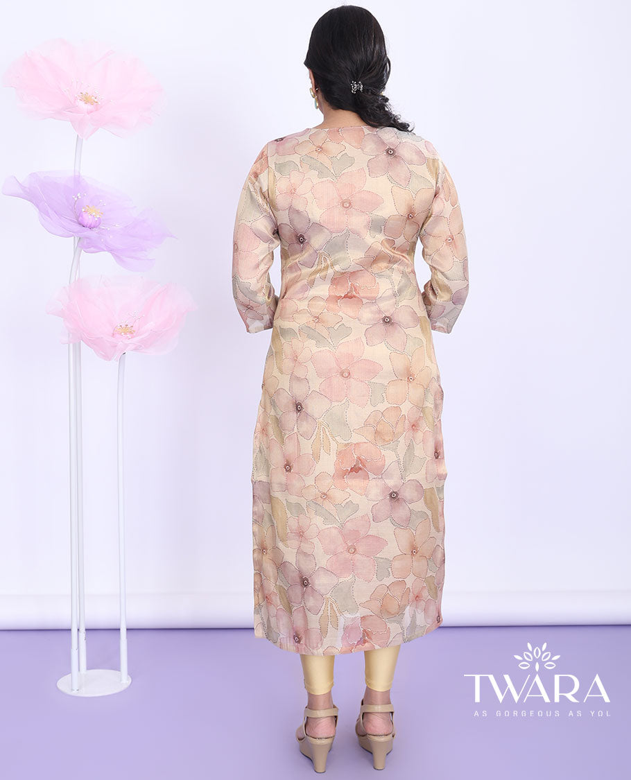 Twara gold floral printed & embroidered V-neck with 3/4th sleeve tissue straight-cut below-knee kurti