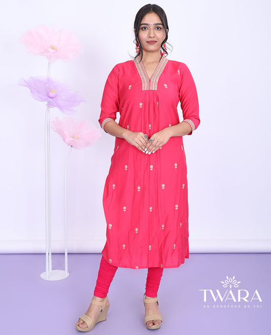 Twara pink embroidered V-neck with 3/4th sleeve straight-cut muslin below-knee kurti