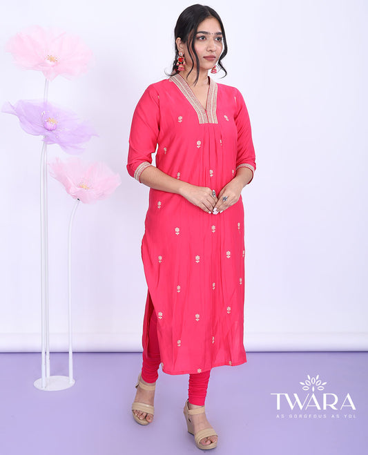 Twara pink embroidered V-neck with 3/4th sleeve straight-cut muslin below-knee kurti