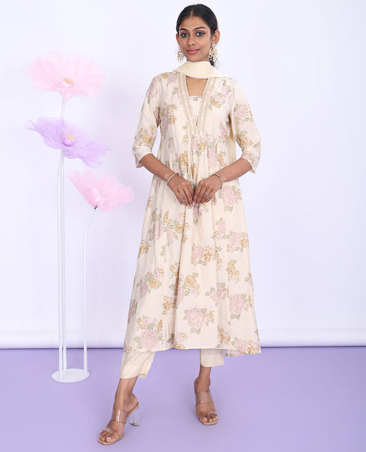 Twara readymade suit Sandal chanderi top , floral printed 3/4th sleeve V-neck A-line top, straight-cut pants & dupatta