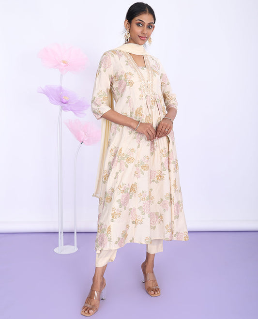 Twara readymade suit Sandal chanderi top , floral printed 3/4th sleeve V-neck A-line top, straight-cut pants & dupatta
