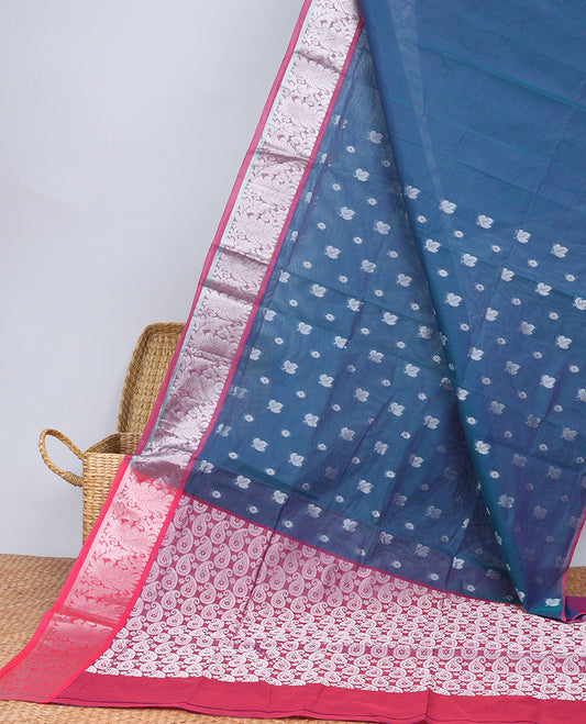 Blue venkatagiri cotton saree with leaf & floral buttas, contrast traditional design zari border & pallu of paisleys