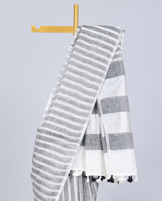 Borderless grey & white stripe design linen saree, self-pallu of stripes 