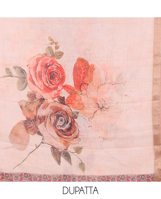 Sandal material churidar set, floral neck embroidered tissue top, plain cotton bottom & rose floral printed dupatta