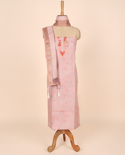 Sandal material churidar set, floral neck embroidered tissue top, plain cotton bottom & rose floral printed dupatta