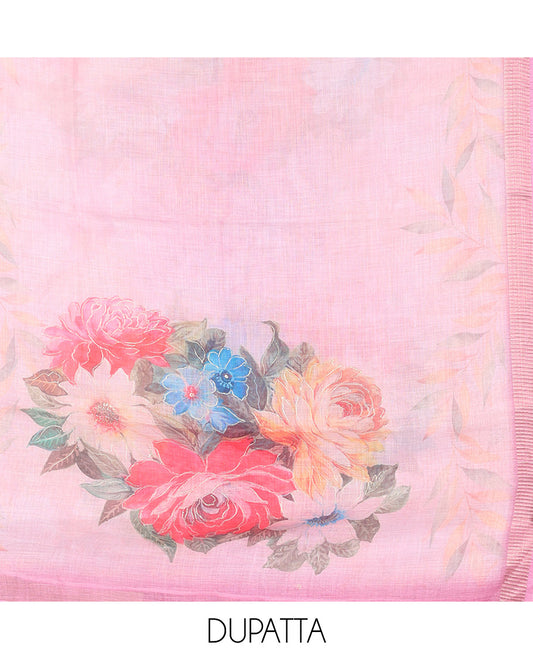 Pink material churidar set, floral neck embroidered tissue top, plain cotton bottom & multi-color floral printed dupatta