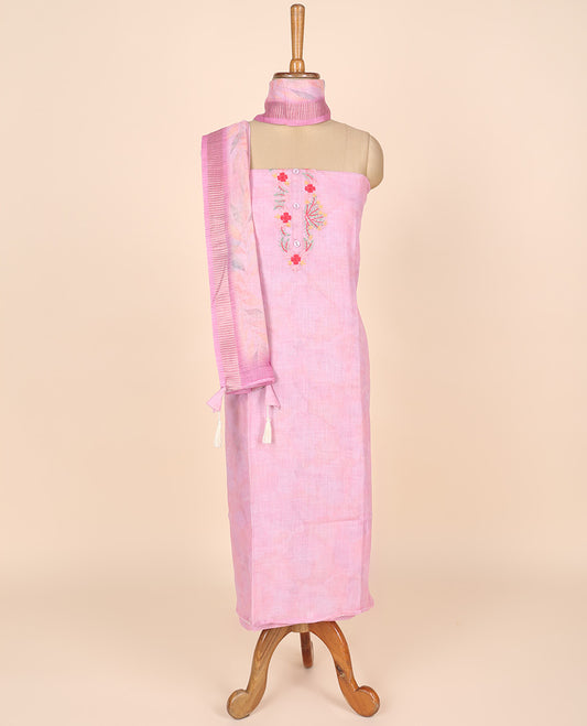 Pink material churidar set, floral neck embroidered tissue top, plain cotton bottom & multi-color floral printed dupatta