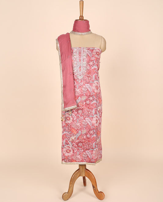 Pink material churidar set, floral printed & neck embroidered tissue top, plain cotton bottom & embroidered dupatta