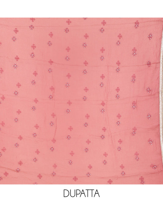 Pink material churidar set, floral printed & neck embroidered tissue top, plain cotton bottom & embroidered dupatta