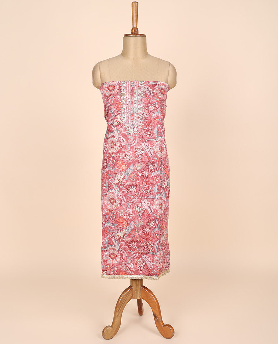 Pink material churidar set, floral printed & neck embroidered tissue top, plain cotton bottom & embroidered dupatta