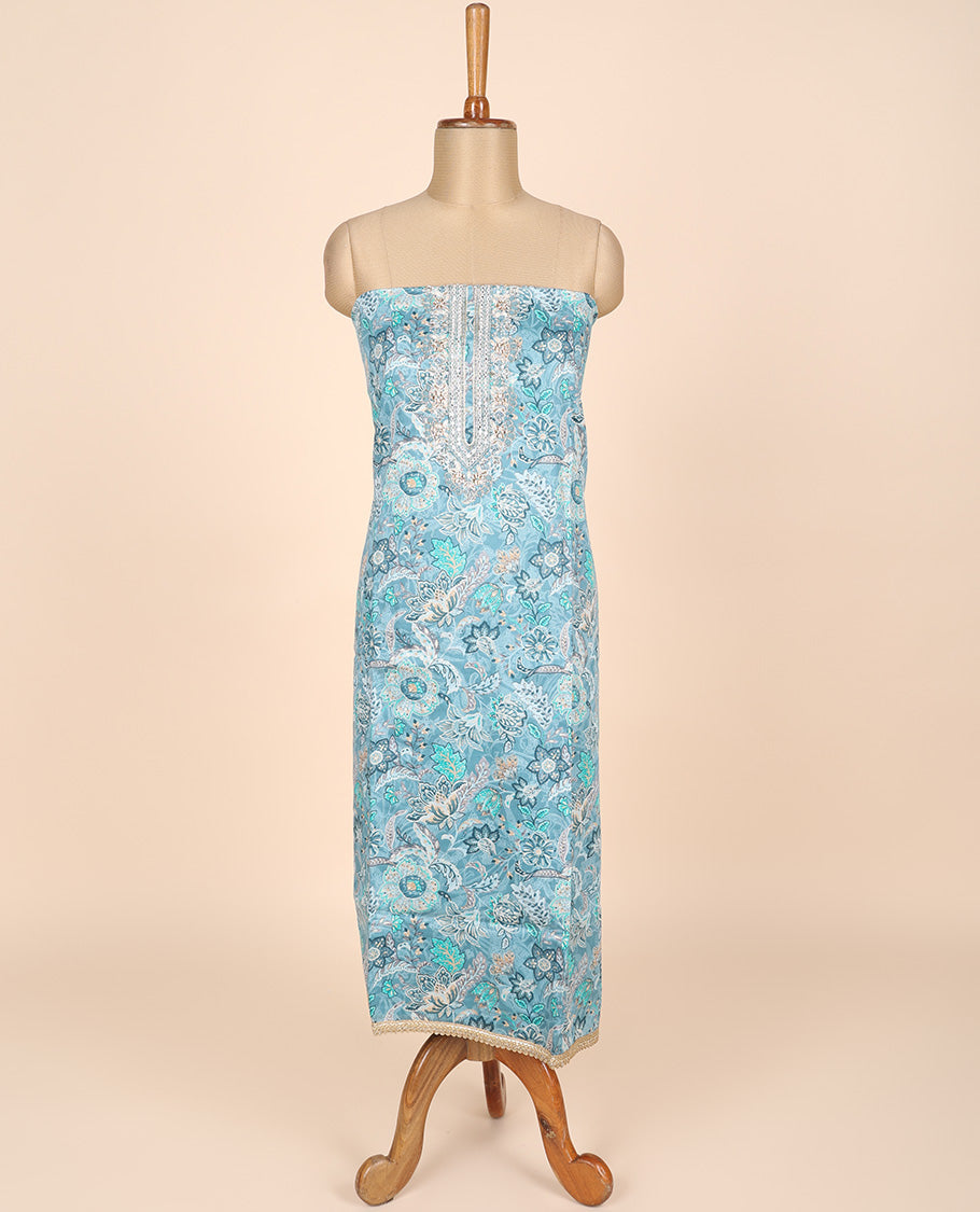 Blue material churidar set, floral printed & neck embroidered tissue top, plain cotton bottom & embroidered dupatta