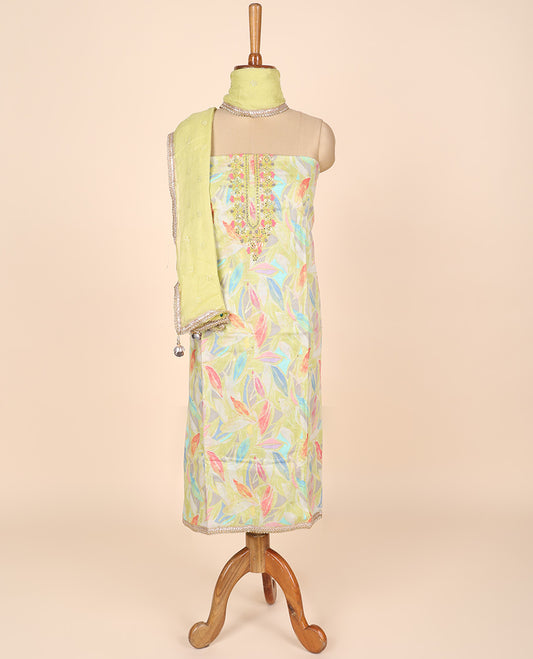 Multi-color material churidar set, floral printed & neck embroidery tissue top, plain cotton bottom & embroidery dupatta