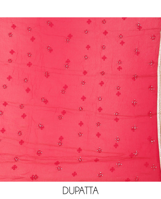Pink material churidar set, leaf motif print & embroidery cotton top, plain cotton bottom & embroidered dupatta