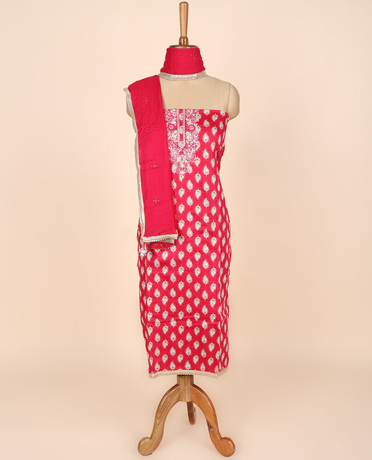 Pink material churidar set, leaf motif print & embroidery cotton top, plain cotton bottom & embroidered dupatta