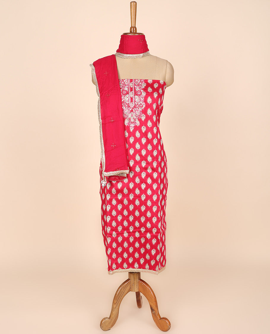 Pink material churidar set, leaf motif print & embroidery cotton top, plain cotton bottom & embroidered dupatta