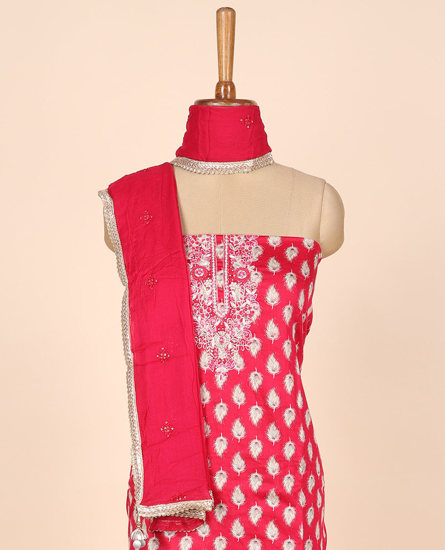Pink material churidar set, leaf motif print & embroidery cotton top, plain cotton bottom & embroidered dupatta