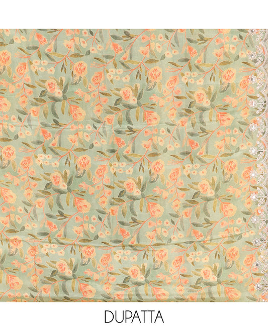 Green material churidar set, neck embroidery tissue top, plain bottom & floral vine print & scallop embroidered dupatta