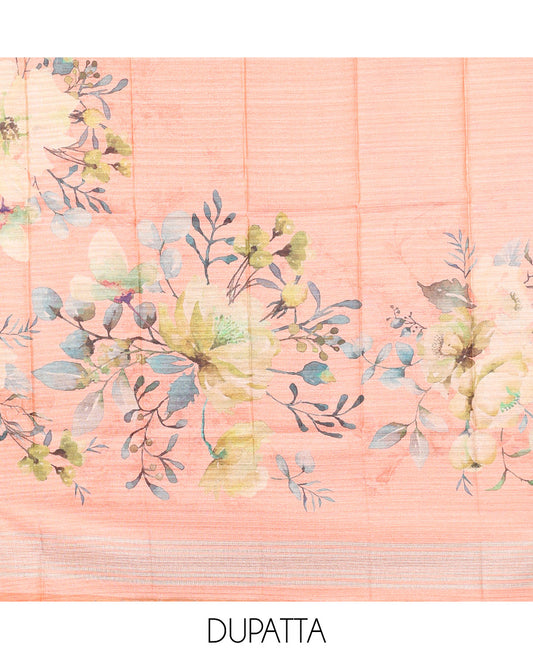 Orange material churidar set,floral motifs printed chanderi silk top,plain bottom & floral printed chanderi dupatta