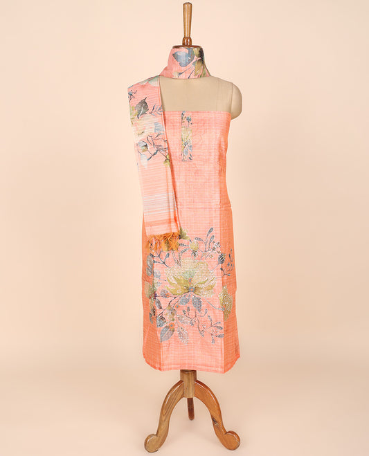 Orange material churidar set,floral motifs printed chanderi silk top,plain bottom & floral printed chanderi dupatta
