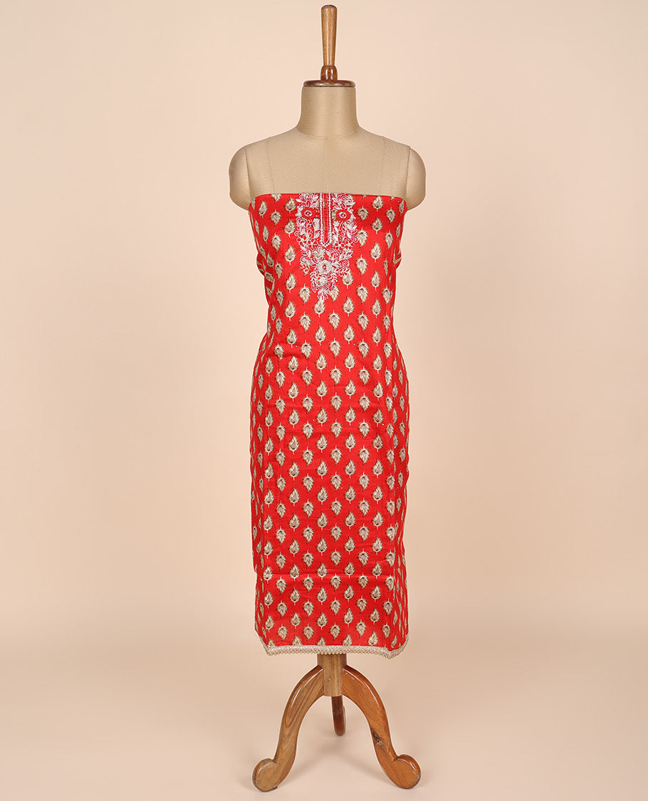 Red material churidar set, leaf motif print & neck embroidered cotton top, plain cotton bottom & embroidered dupatta