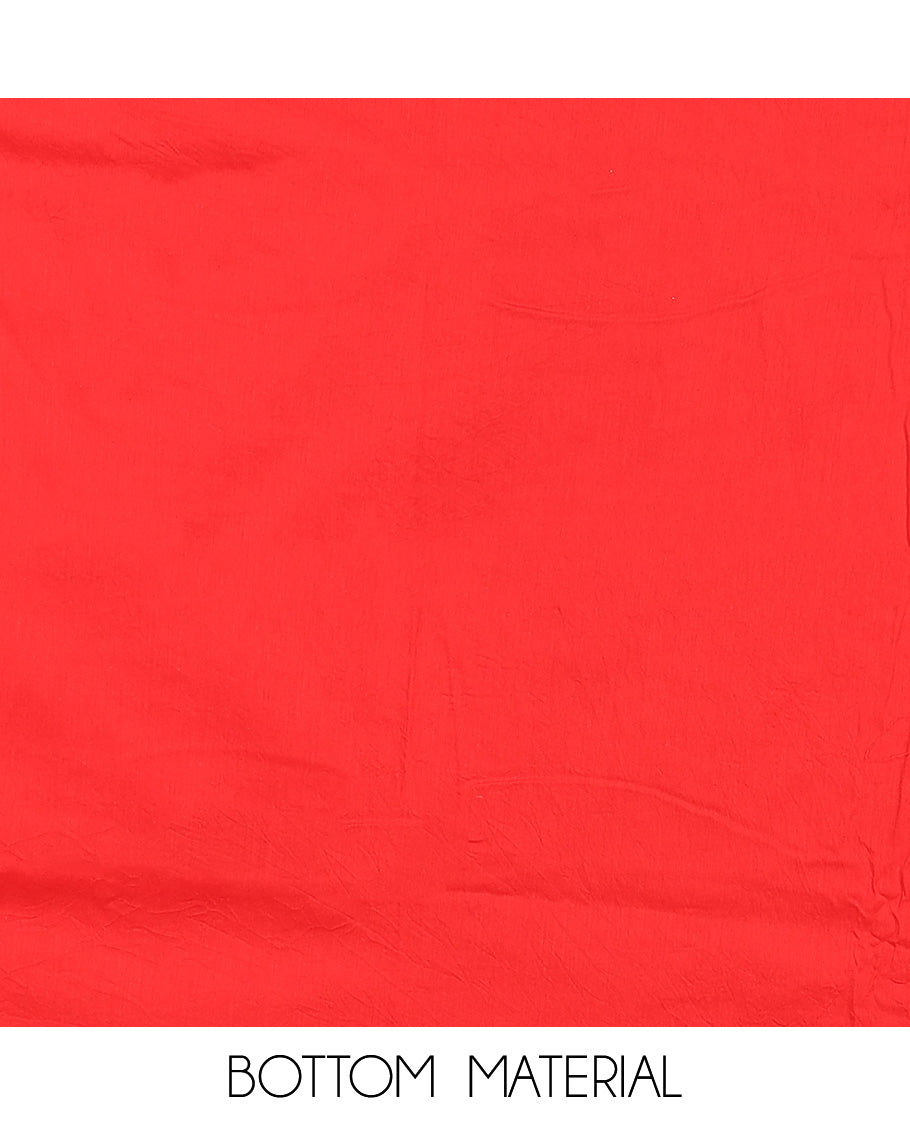 Red material churidar set, leaf motif print & neck embroidered cotton top, plain cotton bottom & embroidered dupatta