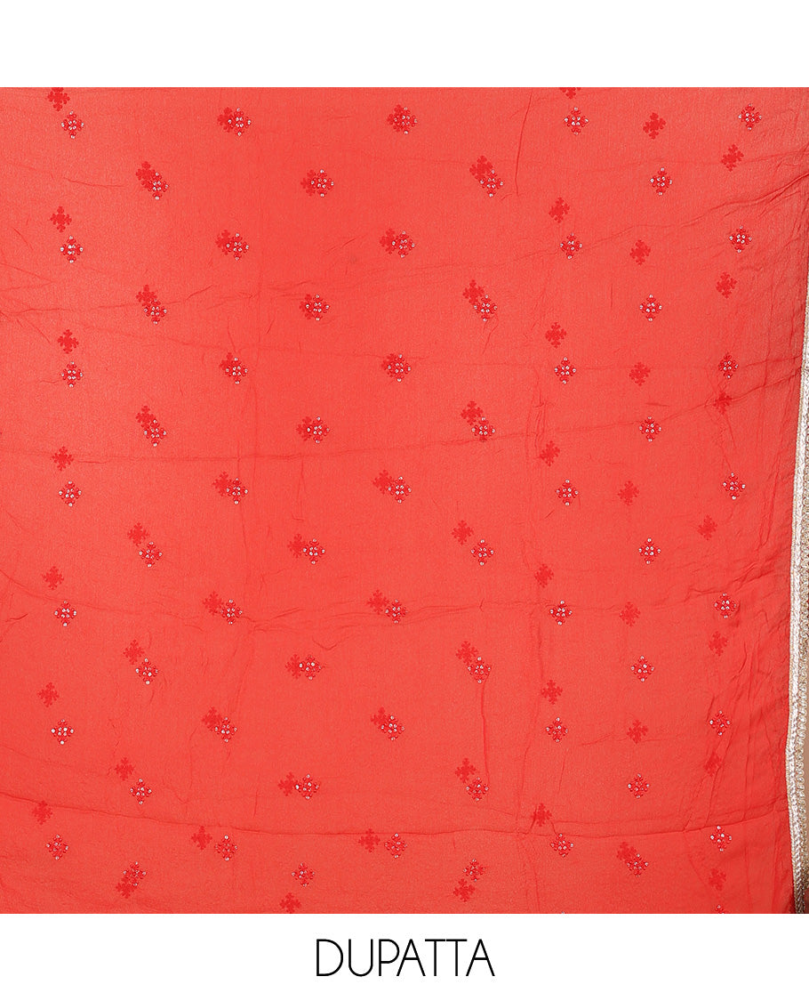 Red material churidar set, leaf motif print & neck embroidered cotton top, plain cotton bottom & embroidered dupatta