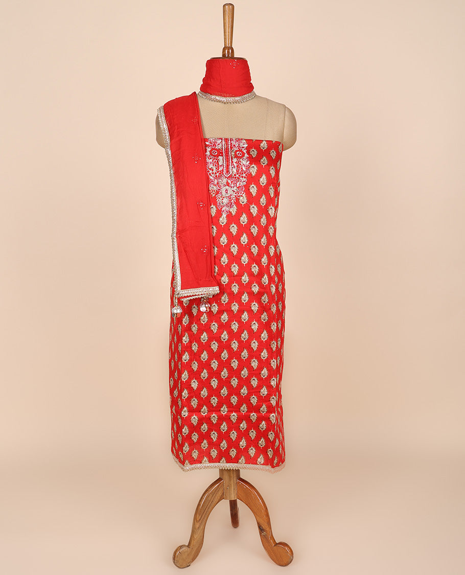 Red material churidar set, leaf motif print & neck embroidered cotton top, plain cotton bottom & embroidered dupatta