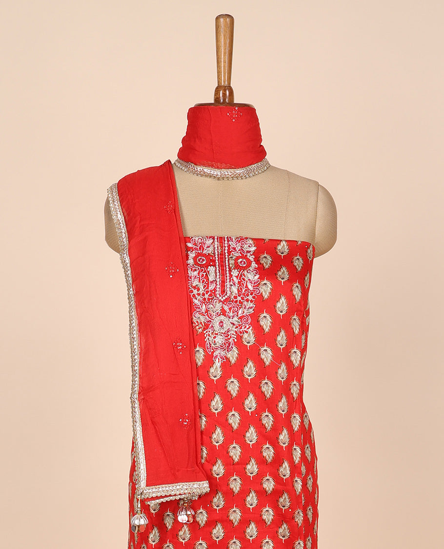 Red material churidar set, leaf motif print & neck embroidered cotton top, plain cotton bottom & embroidered dupatta