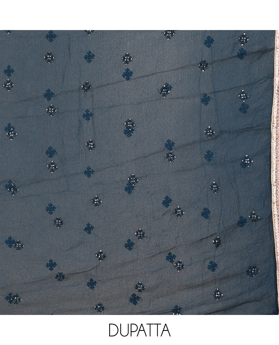 Blue material churidar set, leaf motif print & neck embroidered cotton top, plain cotton bottom & embroidered dupatta
