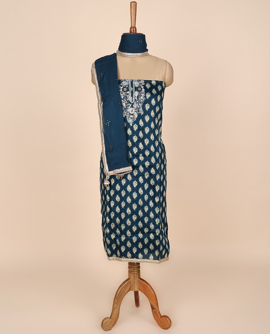 Blue material churidar set, leaf motif print & neck embroidered cotton top, plain cotton bottom & embroidered dupatta