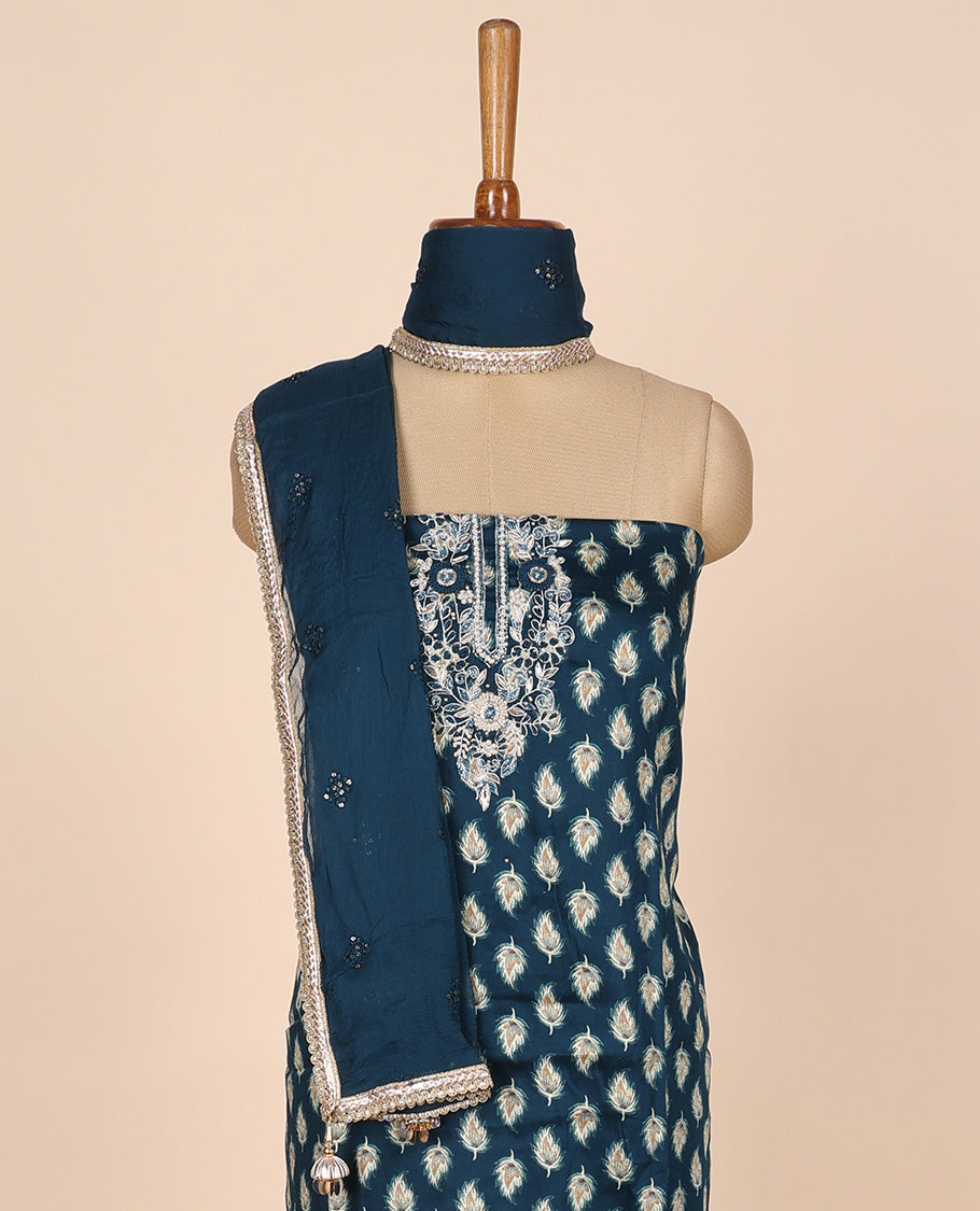Blue material churidar set, leaf motif print & neck embroidered cotton top, plain cotton bottom & embroidered dupatta