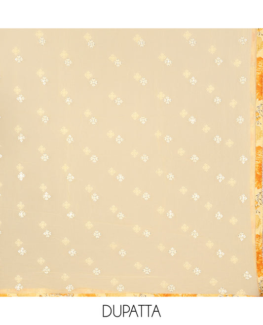 Yellow material churidar set, floral vine print & neck embroidered cotton top, plain cotton bottom & embroidered dupatta