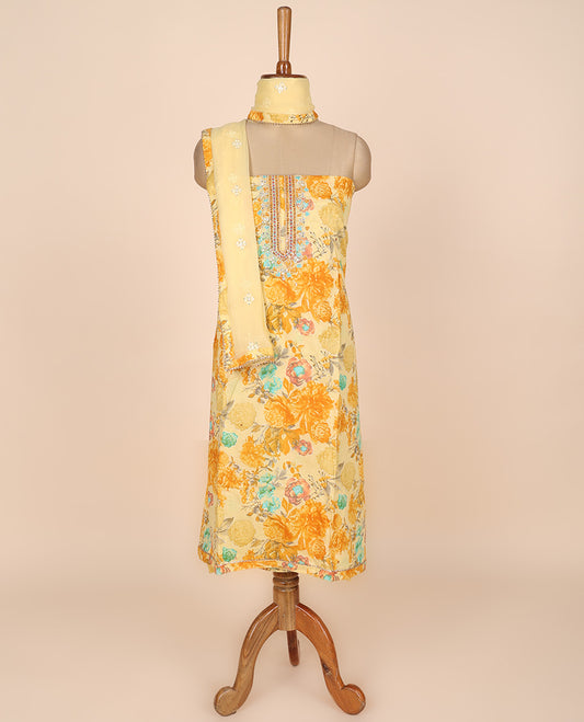Yellow material churidar set, floral vine print & neck embroidered cotton top, plain cotton bottom & embroidered dupatta