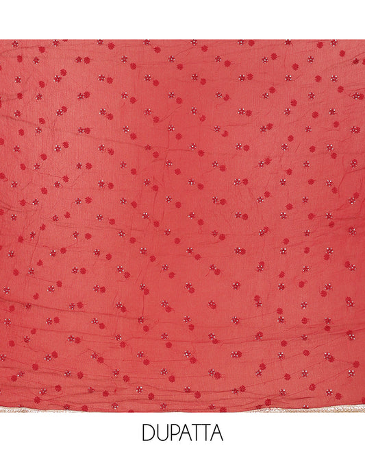 Maroon material churidar set, floral vine print & neck embroidered cotton top, plain cotton bottom & embroidered dupatta