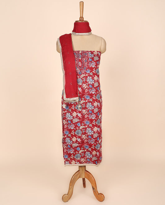 Maroon material churidar set, floral vine print & neck embroidered cotton top, plain cotton bottom & embroidered dupatta