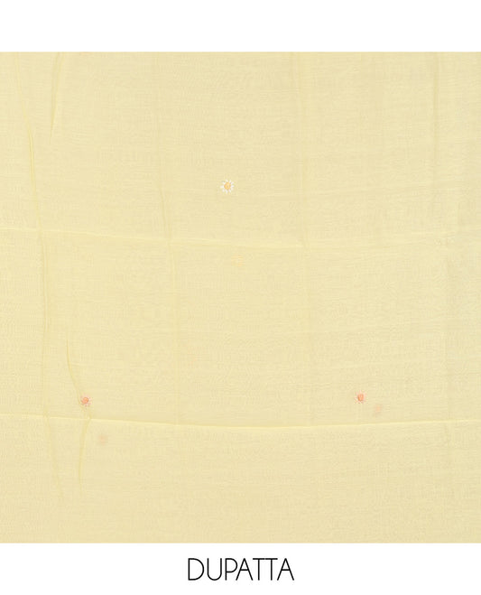 Yellow material churidar set, multi-hue thread embroidered cotton top, plain cotton bottom & embroidered dupatta