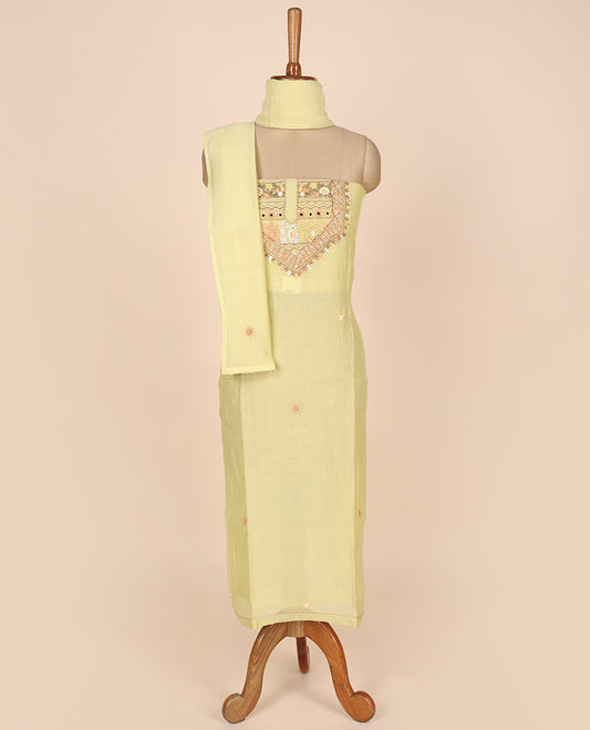 Yellow material churidar set, multi-hue thread embroidered cotton top, plain cotton bottom & embroidered dupatta