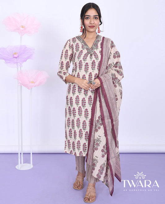 Twara cream readymade suit,motifs print v-neck 3/4th-sleeve top,geometric print straight-cut pants & intricate dupatta