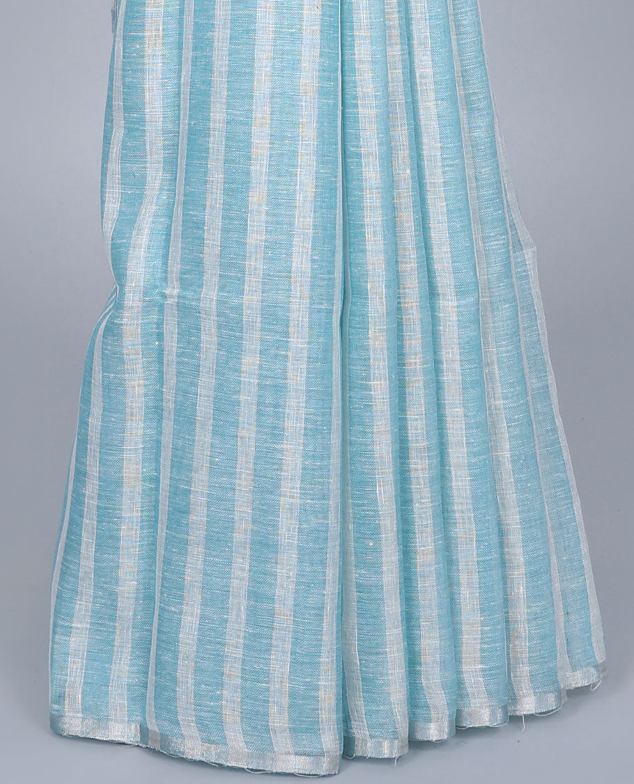 Borderless blue & off-white striped linen saree, self-pallu of stripes with tassels 