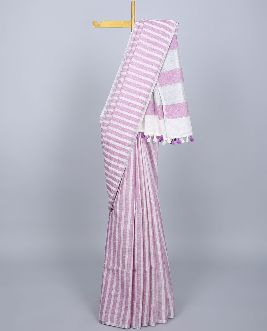 Borderless purple & off-white striped linen saree, self-pallu of stripes with tassels 