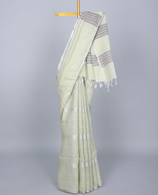 Green striped linen saree with sequin stripes, thin border & pallu of sequin stripes 