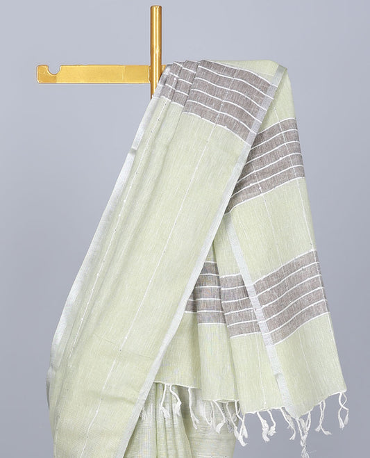 Green striped linen saree with sequin stripes, thin border & pallu of sequin stripes 