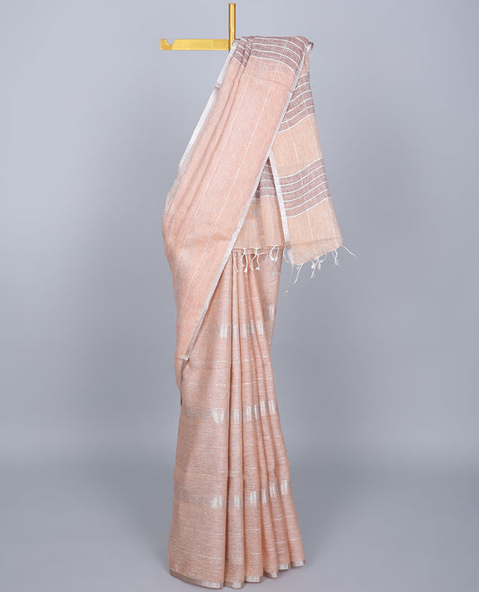 Peach temple design linen saree with sequin stripes, thin border & pallu of sequin stripes Peach temple design linen saree with sequin stripes, thin border & pallu of sequin stripes 