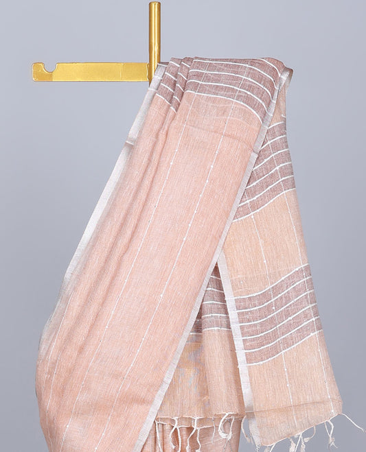 Peach temple design linen saree with sequin stripes, thin border & pallu of sequin stripes Peach temple design linen saree with sequin stripes, thin border & pallu of sequin stripes 