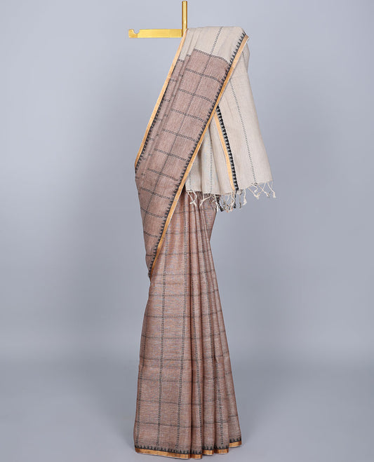 Brown thread-checked design linen saree, temple border & pallu of thread stripes 