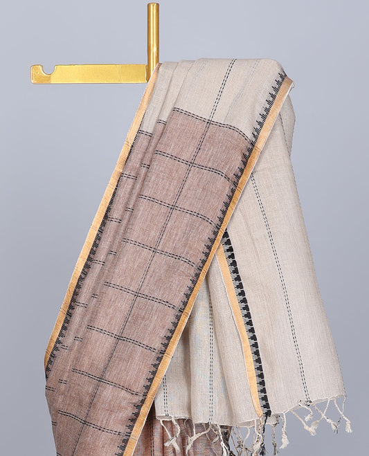 Brown thread-checked design linen saree, temple border & pallu of thread stripes 