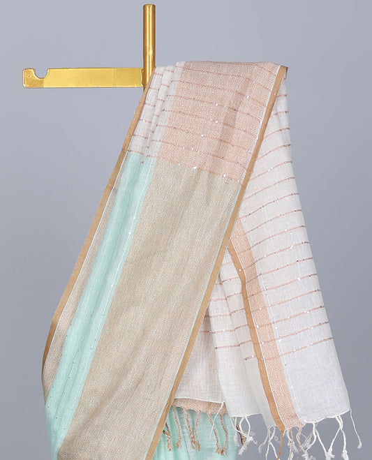 Blue sequins striped linen saree, contrast jaal patterned border & pallu of sequins stripes 